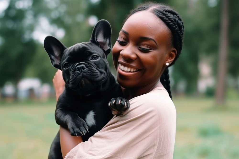 Black woman with a little puppy french bulldog pet animal mammal. AI generated Image by rawpixel.