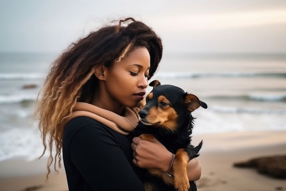 Black woman hugging with dog beach pet portrait. AI generated Image by rawpixel.