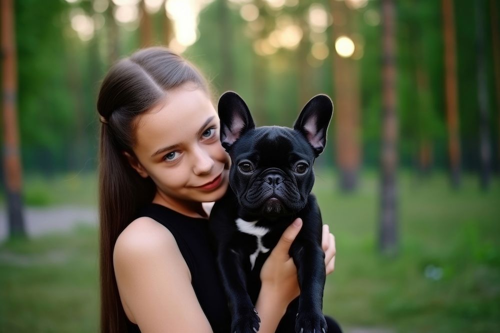 Black young brunette girl with a little puppy bulldog pet animal. AI generated Image by rawpixel.