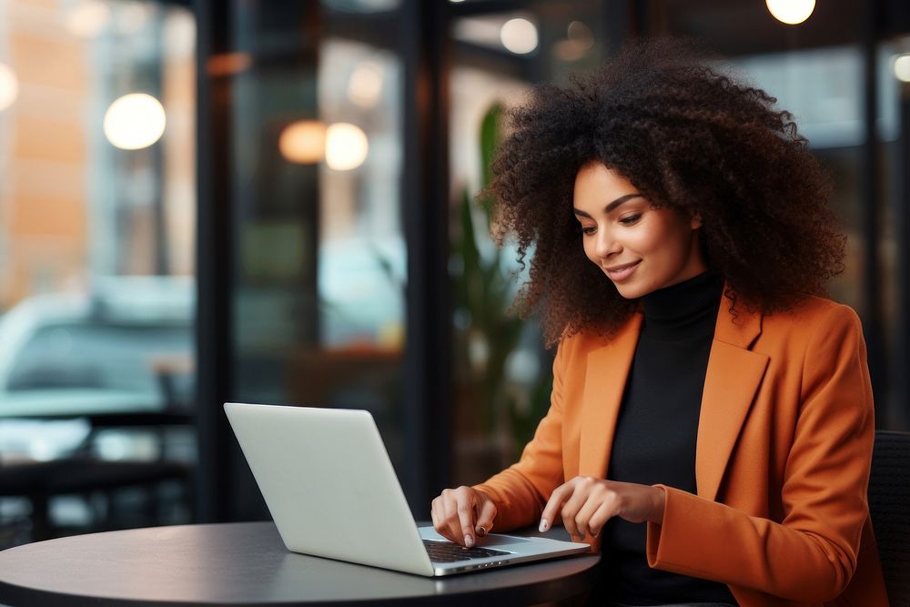 Black business young woman laptop computer office. 