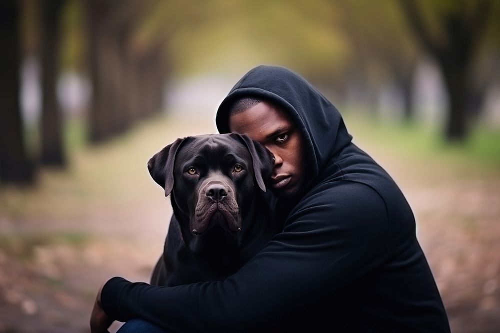 Black hugging with dog pet portrait mammal. AI generated Image by rawpixel.