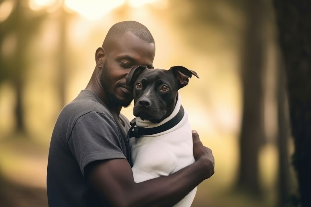 Black man hugging with dog pet portrait mammal. AI generated Image by rawpixel.