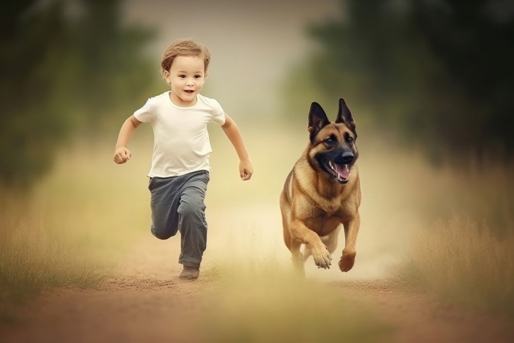 Little kid running with a dog pet mammal animal. AI generated Image by rawpixel.