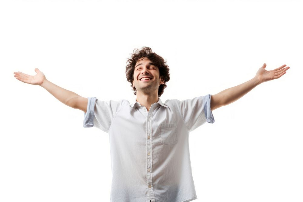 Man with arms outstretched white background excitement relaxation. AI generated Image by rawpixel.