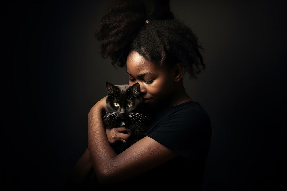 Black girl hug a cat pet portrait animal. AI generated Image by rawpixel.
