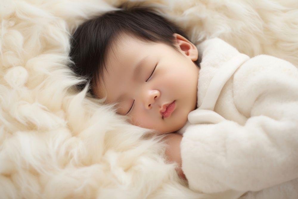 Asian baby sleeping portrait blanket photo. AI generated Image by rawpixel.