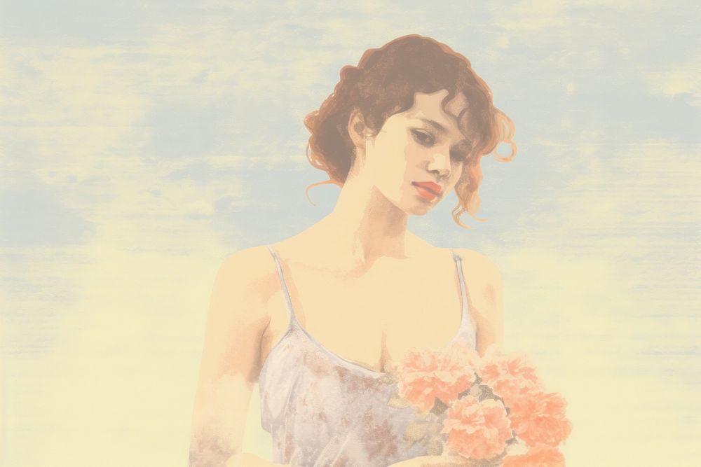 Woman holding bouquet flower background portrait painting art. AI generated Image by rawpixel.