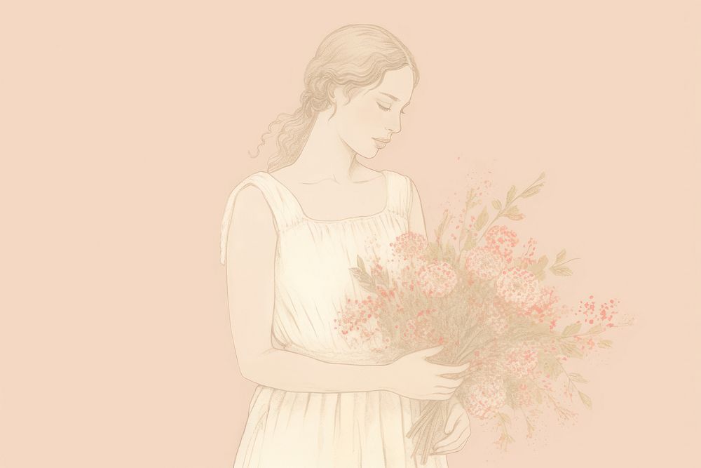 Woman holding bouquet flower background drawing sketch illustrated. AI generated Image by rawpixel.