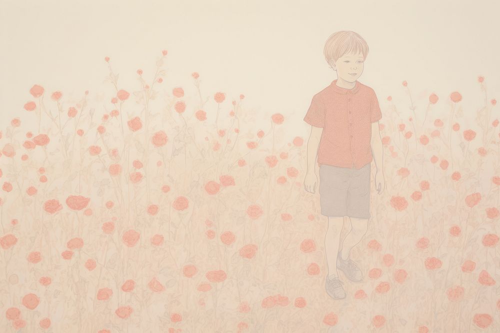 Little boy in a rose field background backgrounds drawing sketch. AI generated Image by rawpixel.