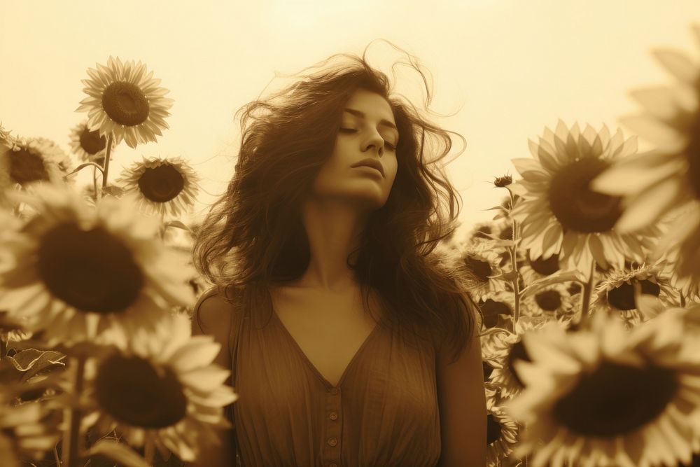 Woman in sunflower field photography portrait plant. AI generated Image by rawpixel.