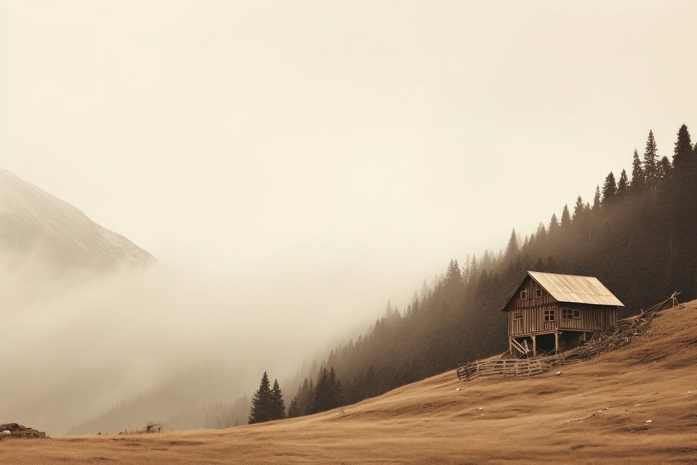 Wooden cabin house in mountain architecture outdoors building. AI generated Image by rawpixel.