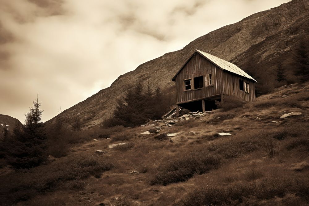 Wooden cabin house in mountain architecture building outdoors. AI generated Image by rawpixel.