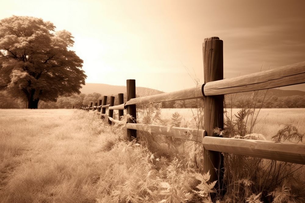 Wooden fence in the farm landscape outdoors nature. AI generated Image by rawpixel.
