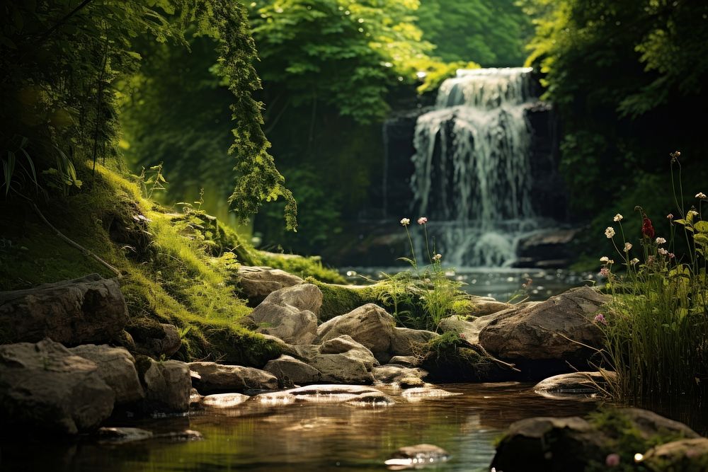 Waterfall in forest vegetation landscape outdoors. 