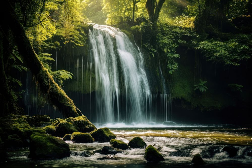 Waterfall in forest landscape outdoors woodland. AI generated Image by rawpixel.