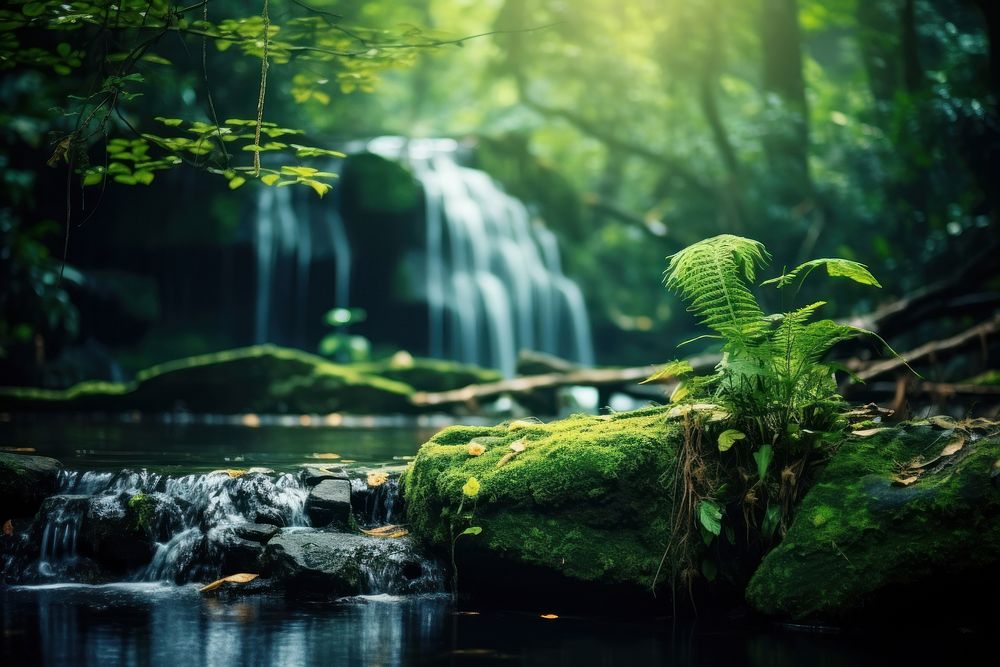 Waterfall in forest vegetation outdoors woodland. AI generated Image by rawpixel.