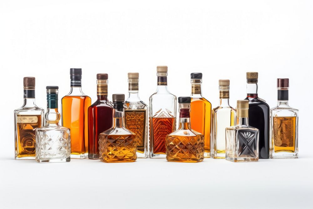 Whiskey bottles whisky drink white background. AI generated Image by rawpixel.