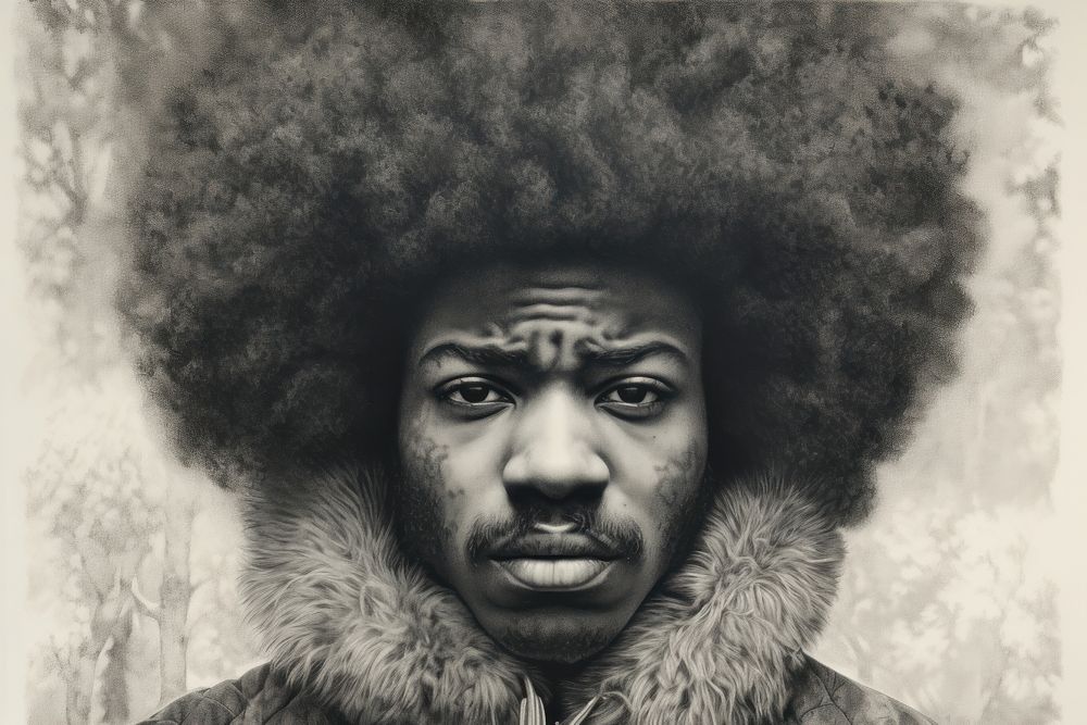 Black man with afro portrait photography monochrome. AI generated Image by rawpixel.