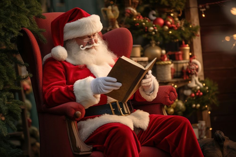 Santa Claus enjoying a morning read in the backyard christmas santa claus illuminated. AI generated Image by rawpixel.