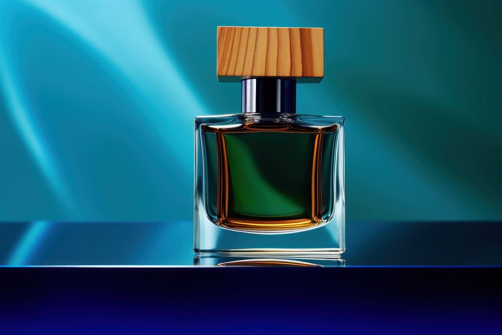 Perfume bottle cosmetics blue blue background. AI generated Image by rawpixel.