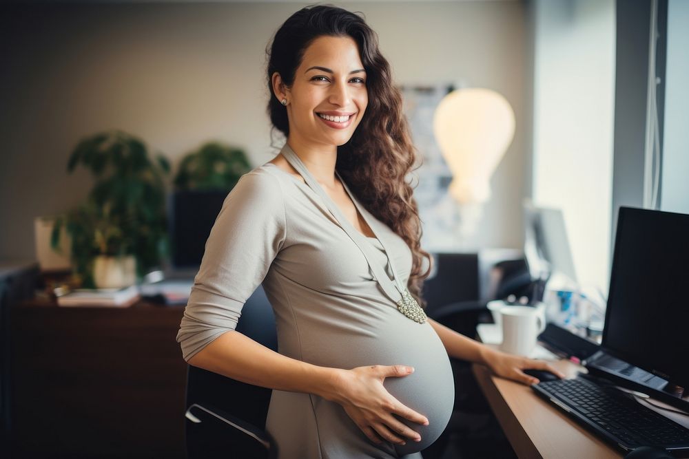 Pregnant business woman computer smiling anticipation. AI generated Image by rawpixel.
