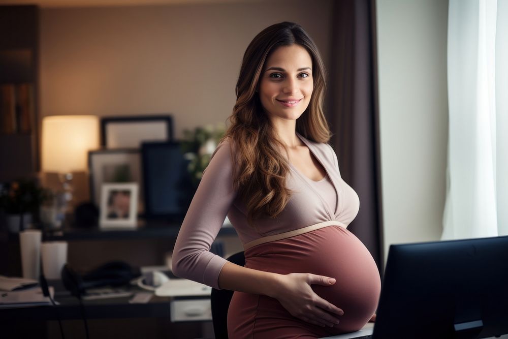 Pregnant business woman computer portrait smiling. AI generated Image by rawpixel.