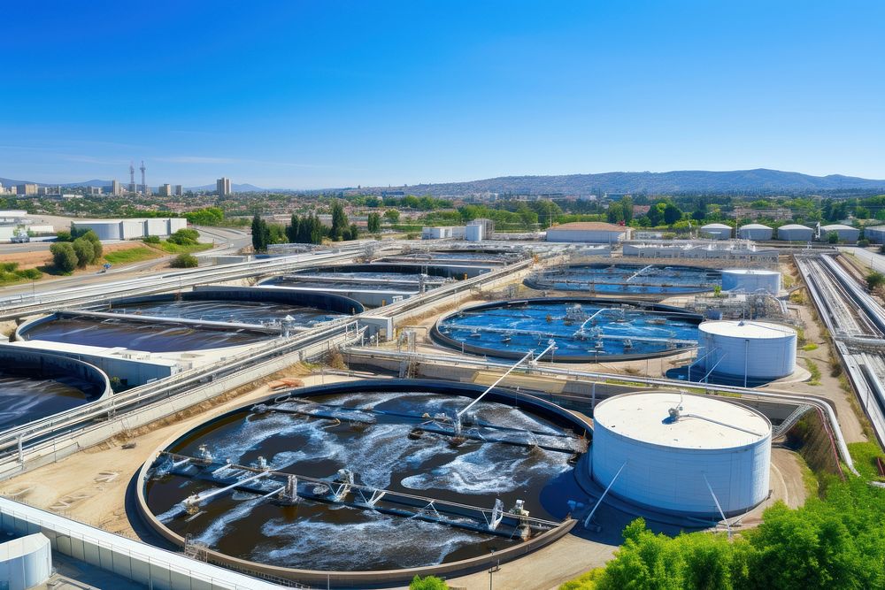 Wastewater treatment outdoors architecture aerial view. AI generated Image by rawpixel.