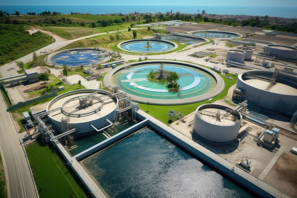 Wastewater treatment architecture outdoors aerial view. AI generated Image by rawpixel.