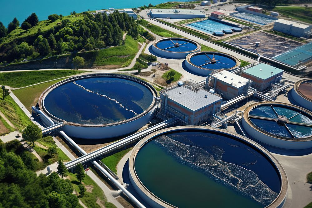 Wastewater treatment architecture outdoors aerial view. AI generated Image by rawpixel.