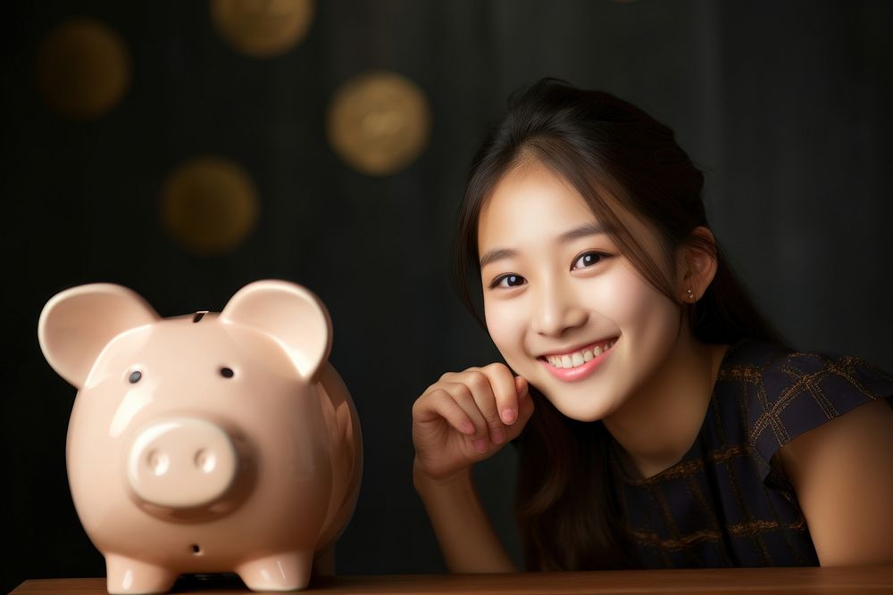 Piggy bank smiling smile coin. AI generated Image by rawpixel.