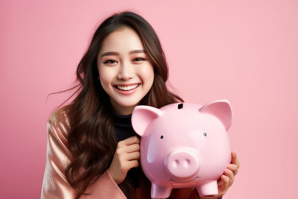 Piggy bank smiling adult smile. AI generated Image by rawpixel.