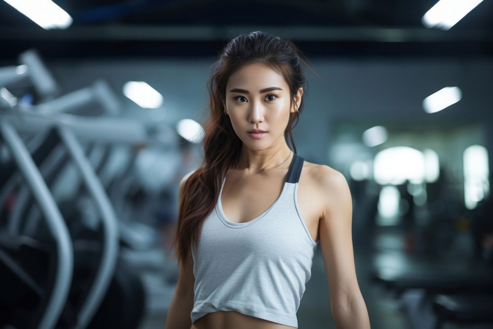 Asian woman in sportswear walking in a gym portrait photo determination. AI generated Image by rawpixel.