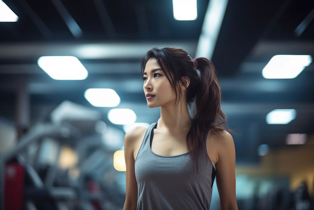 Asian woman in sportswear walking in a gym adult photo determination. AI generated Image by rawpixel.