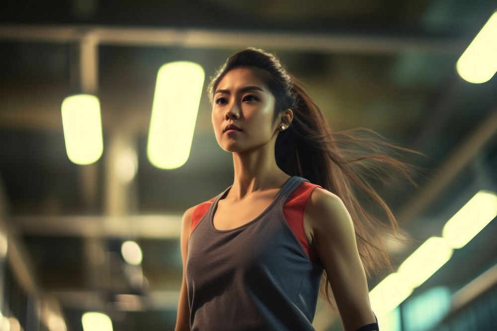 Asian woman in sportswear walking in a gym adult determination contemplation. AI generated Image by rawpixel.