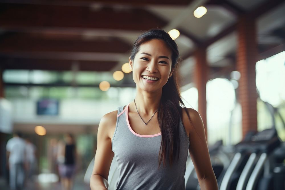 Asian woman in sportswear walking in a gym smiling smile determination. AI generated Image by rawpixel.