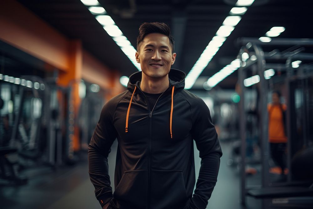 Asian man in sportswear walking in a gym smiling adult photo. AI generated Image by rawpixel.