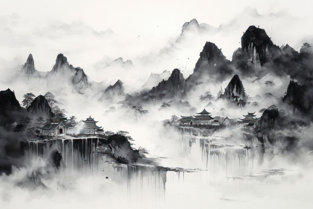 Black ink painting mountain drawing nature. AI generated Image by rawpixel.