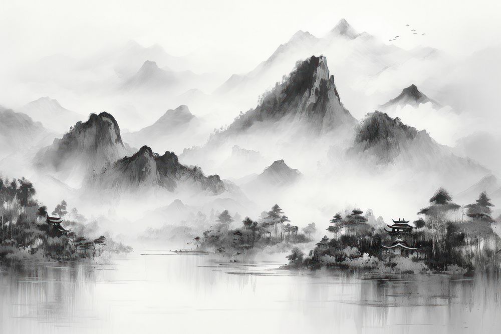 Black ink painting mountain outdoors drawing. AI generated Image by rawpixel.