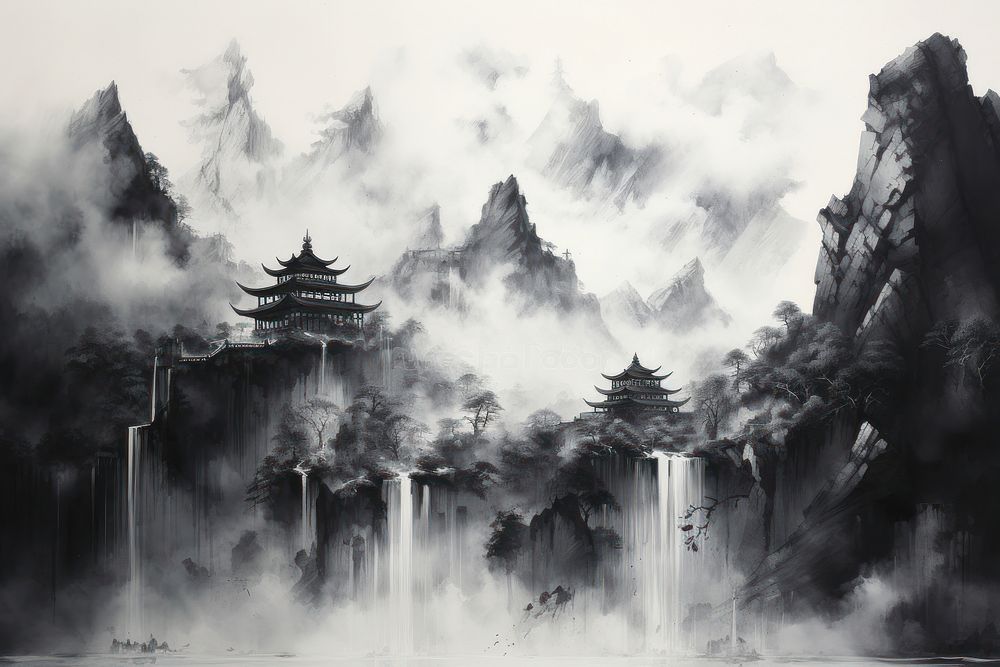 Black ink painting mountain outdoors nature. AI generated Image by rawpixel.