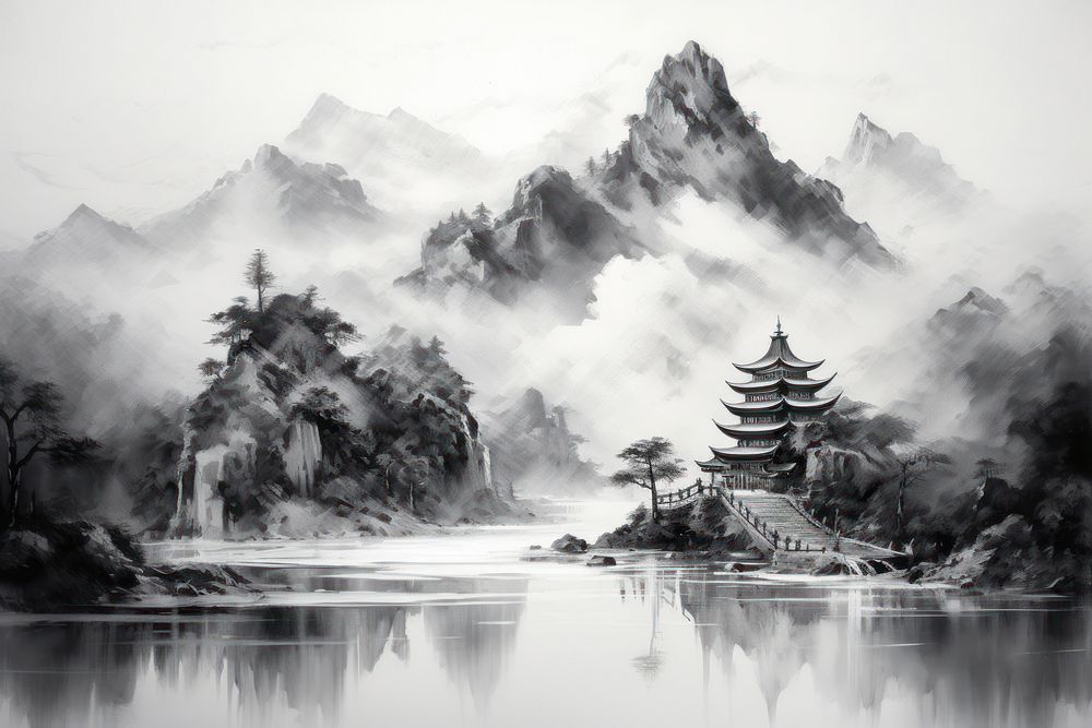 Black ink painting architecture landscape mountain. AI generated Image by rawpixel.
