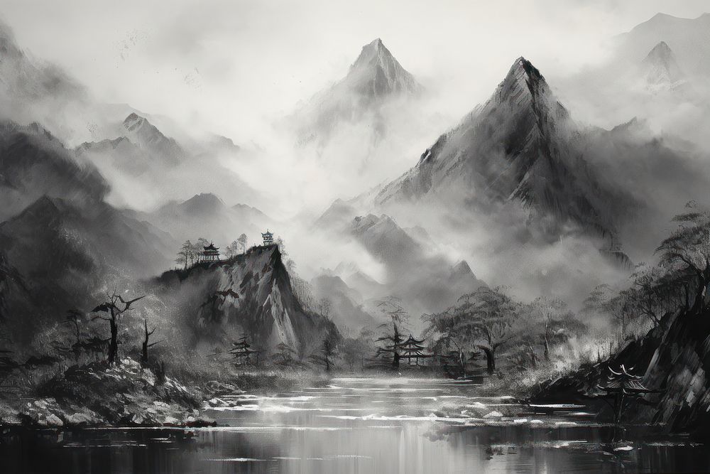 Black ink painting mountain landscape outdoors. AI generated Image by rawpixel.
