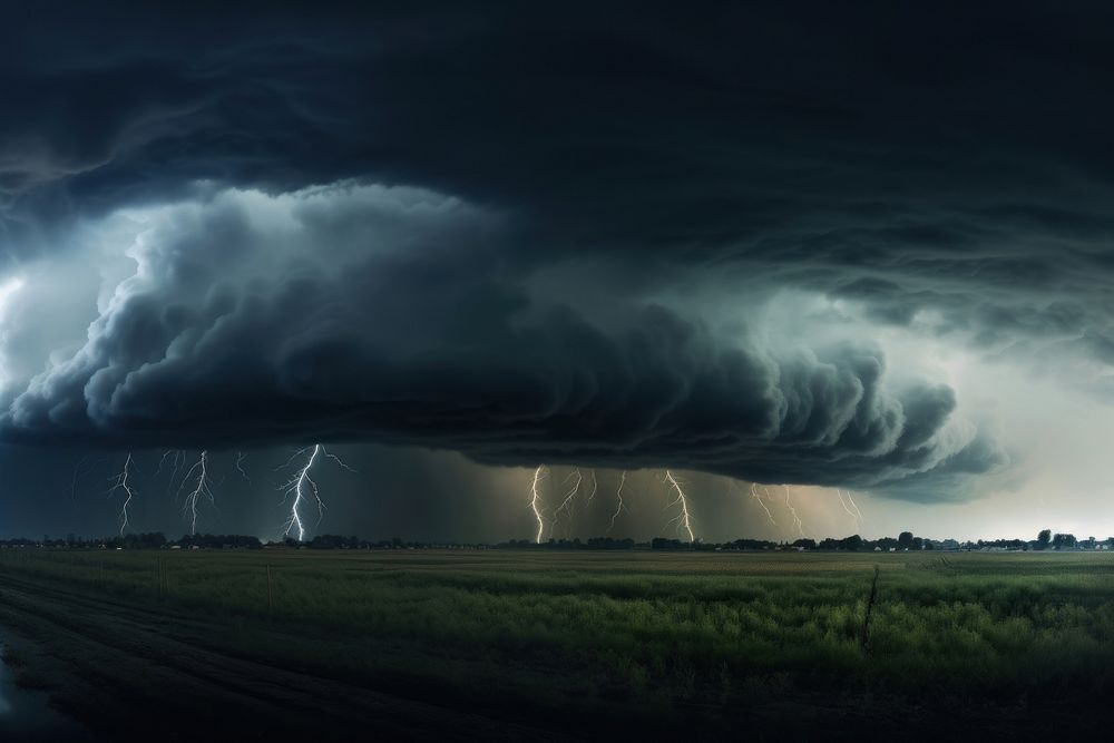 Thunderstorm panoramic lightning outdoors nature. AI generated Image by rawpixel.