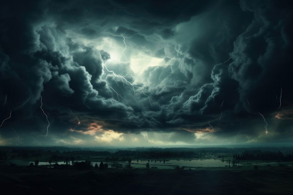 Thunderstorm panoramic sky lightning outdoors. AI generated Image by rawpixel.