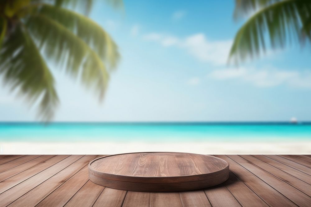 Tropical summer beach table wood outdoors. 