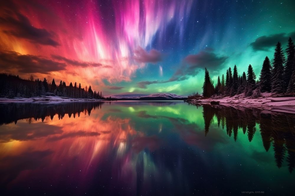 Colorful aurora light landscape panoramic outdoors. AI generated Image by rawpixel.