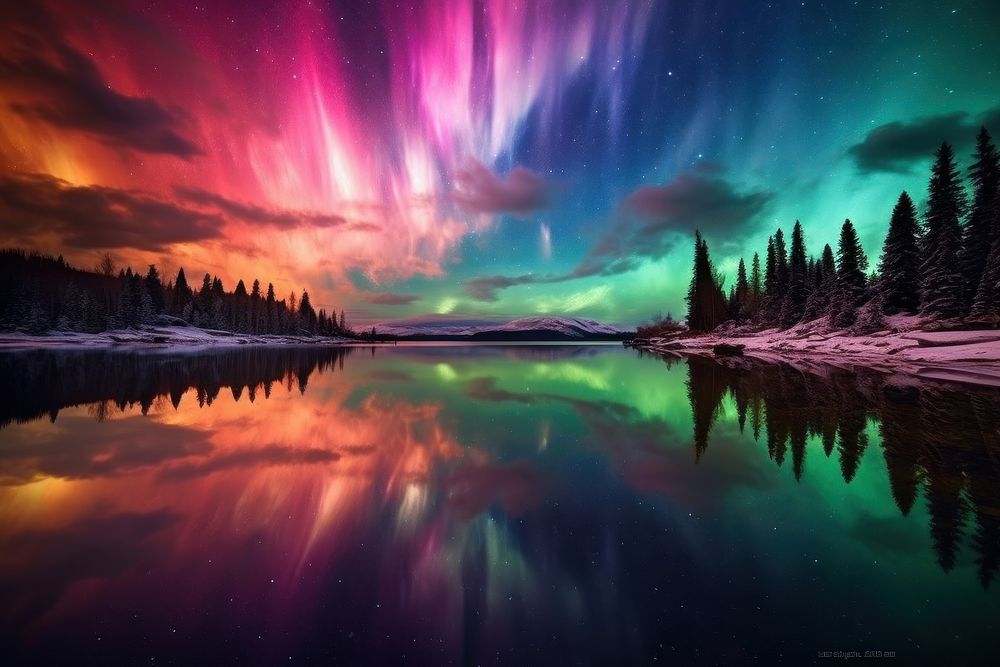 Colorful aurora light landscape panoramic outdoors. 