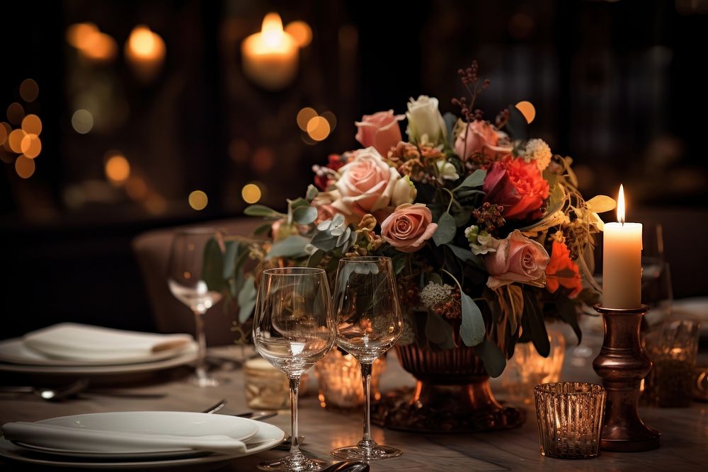 Wedding table setting candle flower wedding. AI generated Image by rawpixel.