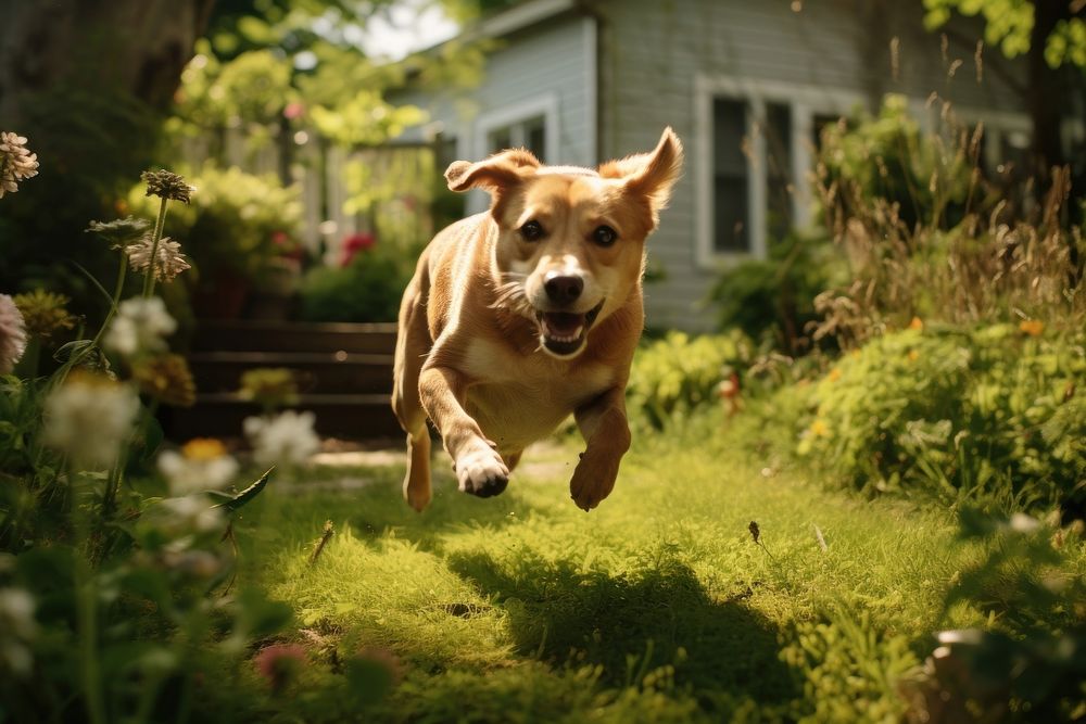A dog running in the yard outdoors mammal animal. AI generated Image by rawpixel.