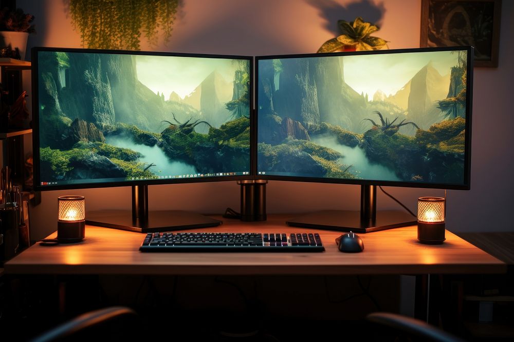 Dual monitor pc furniture computer screen. AI generated Image by rawpixel.