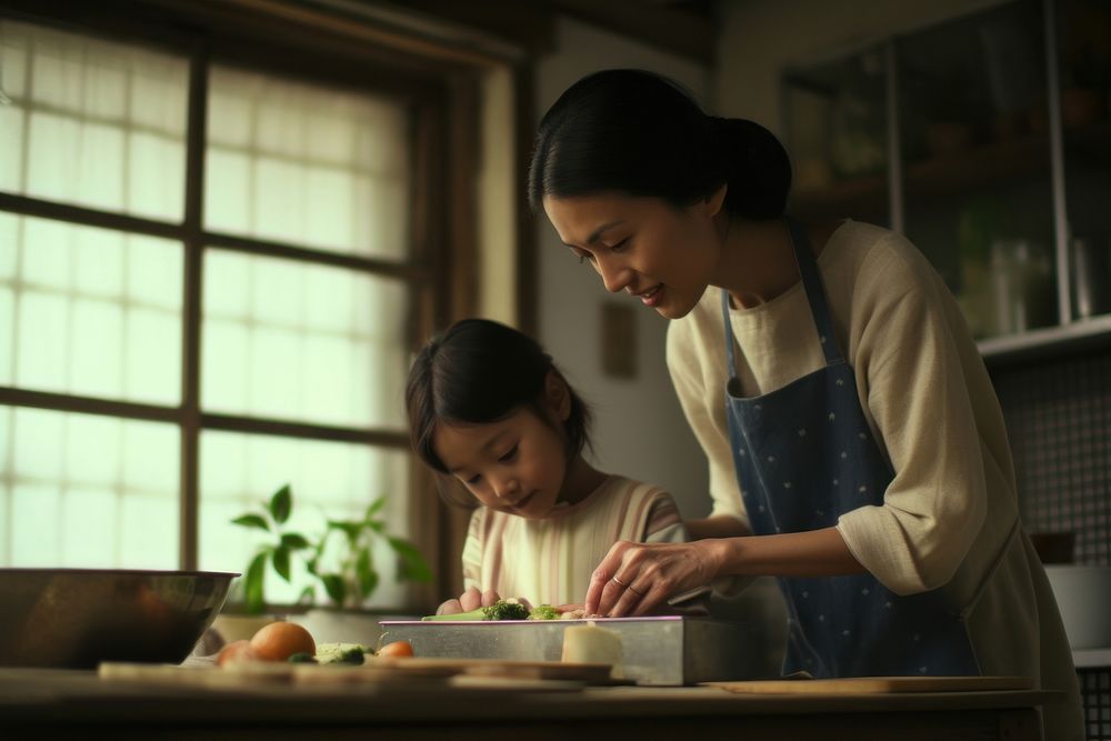 A mother and daughter preparing a kitchen meal on a board adult child food. AI generated Image by rawpixel.